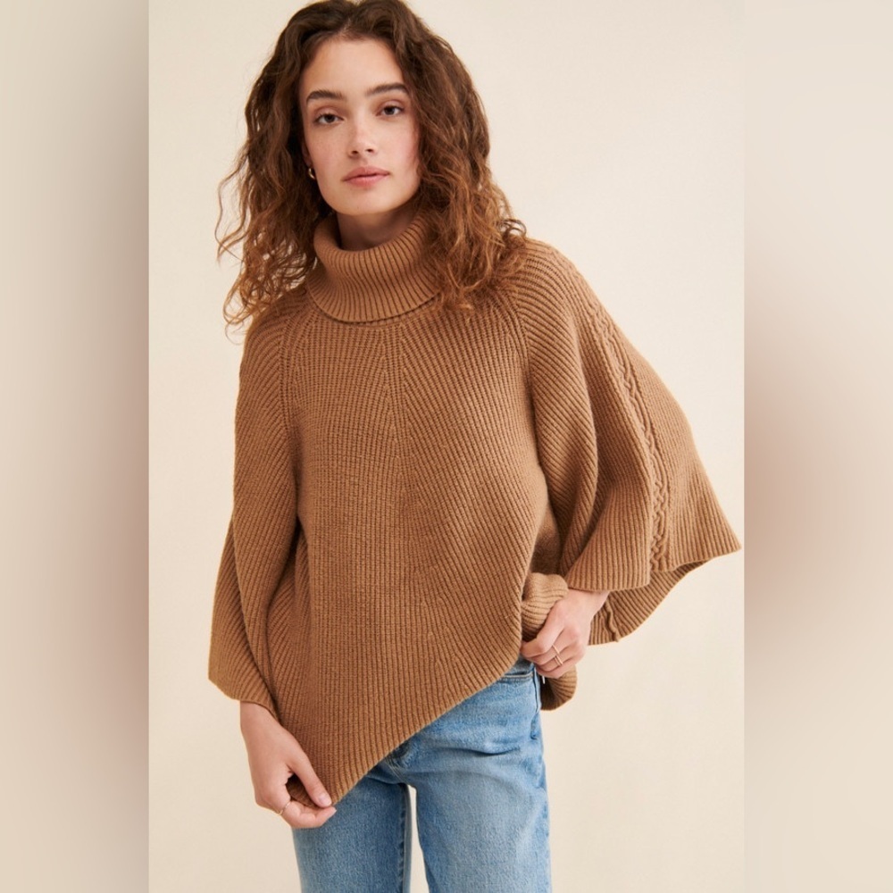 By Anthropologie Kali Turtleneck Poncho Sweater Honey Brown Extra Small Small